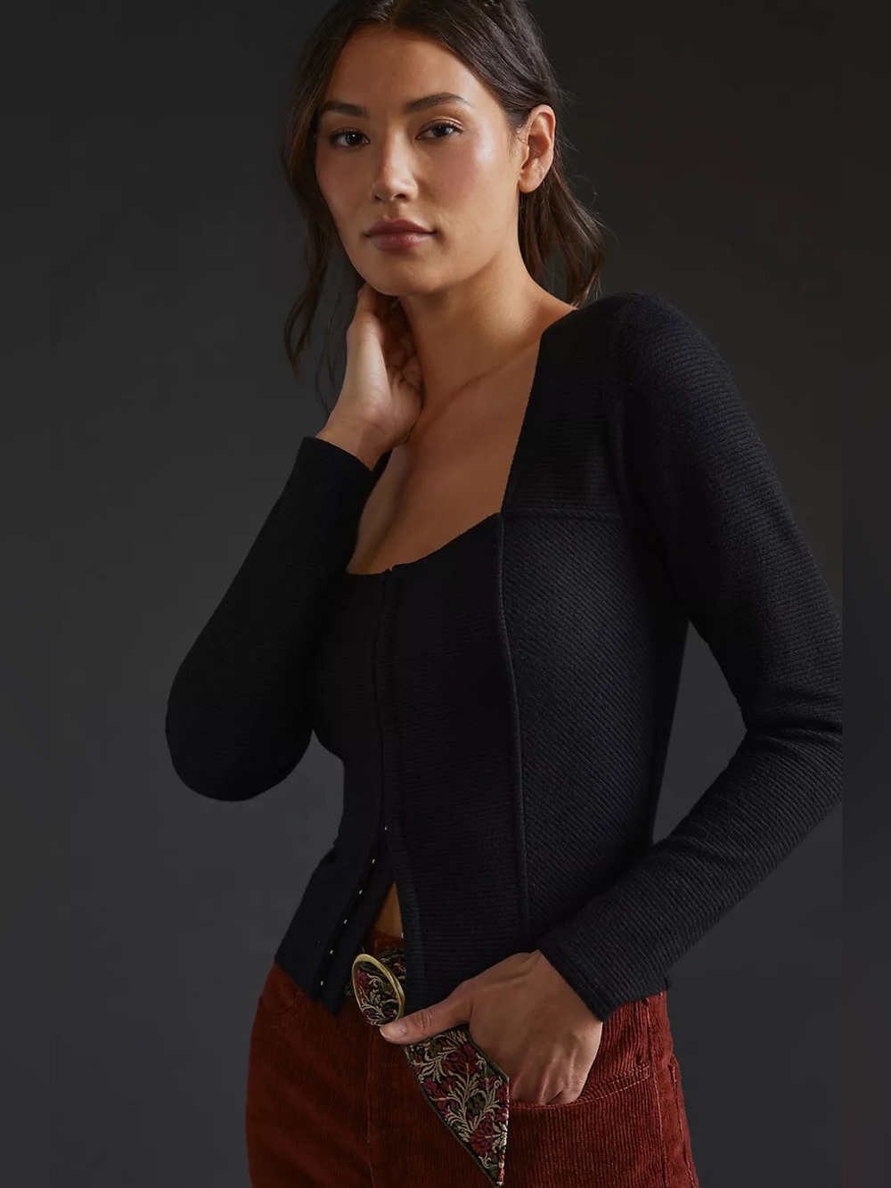 Ribbed Corset-Seamed Top Black Square Neck Long Sleeve